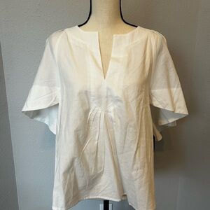 Pomander Place White Notch V-Neck Pleated Flutter Sleeve Blouse